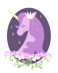 Cute unicorn,vector illustration.cute unicorn head isolated icon in dark oval frame. Simple flat line doodle icon contemporary style design element isolated.illustration of decoration with flowers