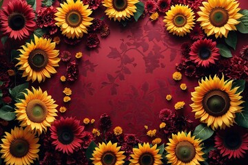 Grand Stylish Crimson Textures with Sunflowers for Decorative Floral Design