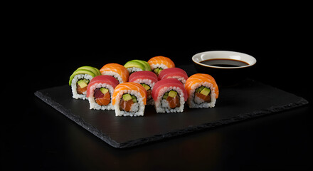 Fresh California Rolls Plated on Dark Slate Background with Soy Sauce
