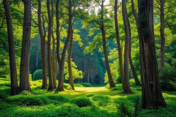 Lush Green Woodland Landscape with Majestic Trees and Vibrant Foliage