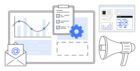 Analytics dashboard, checklist clipboard, email envelope, gear, and loudspeaker emphasizing marketing, productivity, and outreach. Ideal for strategy planning, business growth campaign management