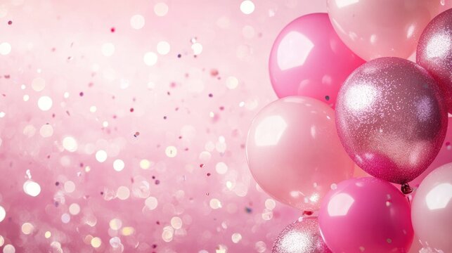 A playful pink background with balloons and shiny elements, ideal for festive social media content