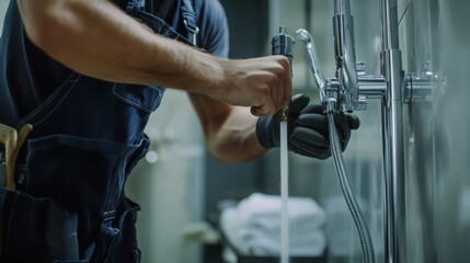 Plumber installing a shower system at a construction site. Featuring expertise and focus