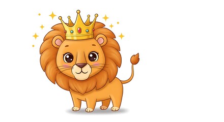A cute cartoon lion wearing a royal crown, with a proud expression, standing tall, on a white background