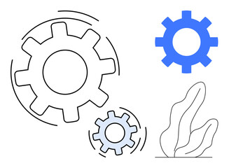 Three mechanical gears in motion accompanied by minimalist plant illustration. Ideal for teamwork, innovation, growth, progress, engineering, creativity, simple landing page