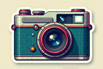 Vintage 35mm film camera sticker illustration in teal and off-white representing retro photography.