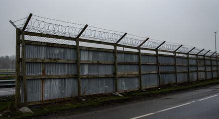 Obraz premium Long Fence Topped With Barbed Wire In Industrial Area On Gloomy Day