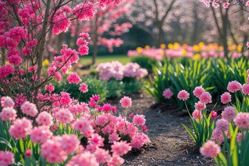 Obraz premium Outdoor Spring Garden with Colourful Pink Flowers and Bright Nature Backgrounds