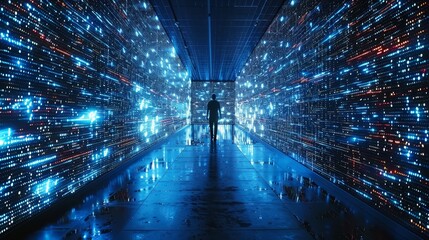 Man Walking into Futuristic Digital Corridor Immersed in Glowing Blue Binary Code Data Visualization