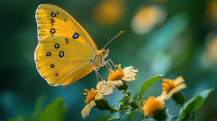 Obraz premium An apricot sulphur butterfly gracefully perched on a delicate flower, showcasing its intricate wings and vibrant colors.