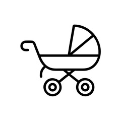 Illustration of a baby stroller with a rounded hood and four wheels in a minimalist line art style