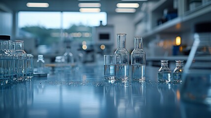 Clear glass bottles and beakers filled with water on a lab table