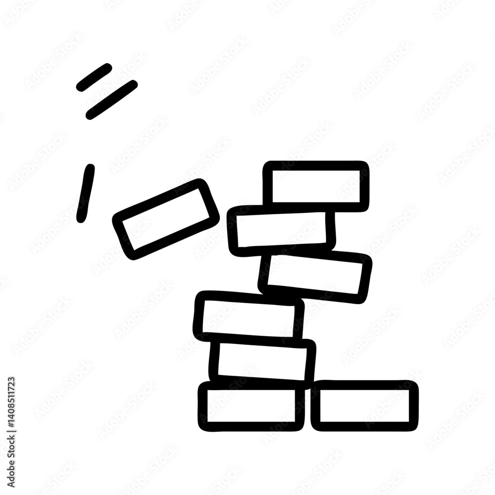 Poster Illustration of a collapsing stack of rectangular bricks with some bricks falling down and lines above it