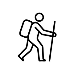 Person hiking with backpack and walking stick in a simple line drawing style illustration view