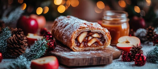 Festive apple strudel with caramel sauce.