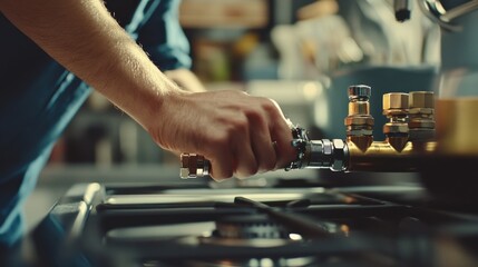 Plumber installing a gas line for a stove. Featuring technical precision and safety