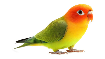 A yellow and green parrot is standing on a white background. The bird is looking at the camera, and he is curious