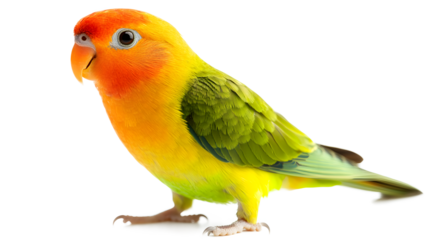 A yellow and green parrot is standing on a white background. The bird has a bright and cheerful appearance, which gives the image a lively and energetic mood