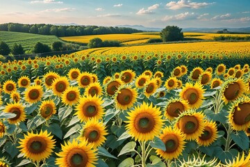 Obraz premium Vibrant Dynamic Yellow Sunflower Field in a Joyful Summer Panorama