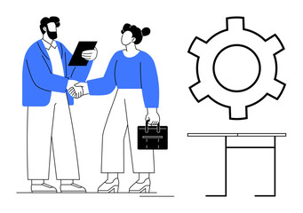 Two business professionals shaking hands, one holding documents, near a gear and desk. Ideal for teamwork, partnership, collaboration, management, business solutions, productivity simple landing