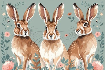 Fototapeta premium Charming Hare Illustrations in Soft Colors with Ample Space for Planning