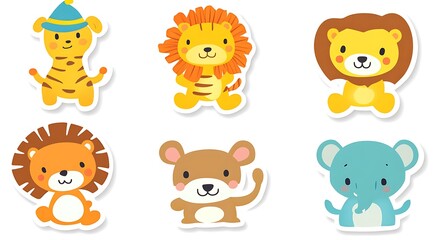Fototapeta premium design cute animal sticker wear suite with line color style more action in white background isolated on white,clip art ,remain space between border each corner and rainbow and toy and hat and heart 