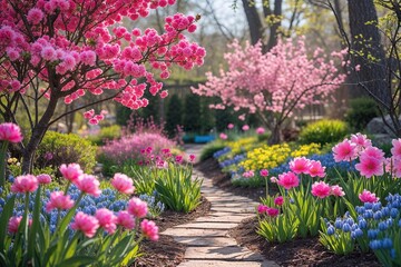Fototapeta premium Vibrant Spring Garden with Colorful Pink Flowers and Lush Outdoor Nature Backgrounds