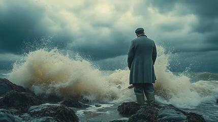 Obraz premium A solitary figure standing against the stormy sea facing crashing waves and an overcast sky