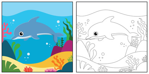 Vector illustration with algae, dolphin and sea floor. Cute square page coloring book for children. Simple funny kid's drawing.