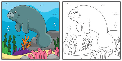 cute cartoon dugong, funny illustration, coloring book for kids and children.