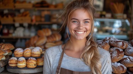 Smiling Female Baker With Long Blond Hair in Front of Fresh Baked Breads and Pastries Display