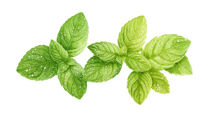 A close-up of green leaves with water droplets on them. The leaves are arranged in a line, with some overlapping each other. Concept of freshness and vitality