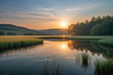 Fototapeta premium Tranquil Sunrise Reflections on Lacu Rosu Lake in Romania's Enchanting Grassland Ecosystem