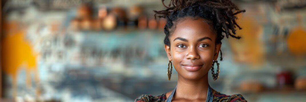 Portrait of a Smiling Young Black Woman with Dreadlocks in a Blurry Creative Studio Background