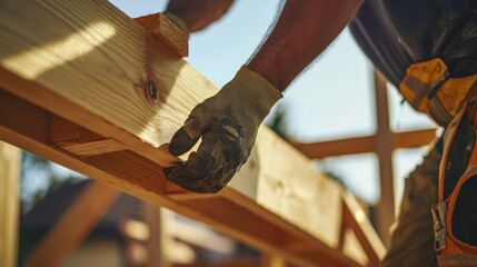 Hispanic carpenter installing wooden beams in a house. Featuring carpentry and structural work