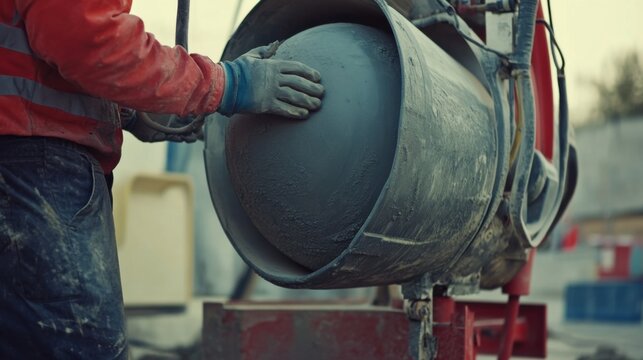 A construction worker adjusting a cement mixer during a break. Featuring maintenance and focus