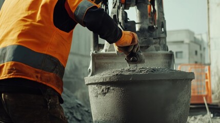 A construction worker adjusting a cement mixer machine. Featuring technical expertise and focus