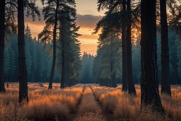 Fototapeta premium Dreamlike Larch Woodlands at Dusk - A Harmonious Adventure in Nature's Splendor