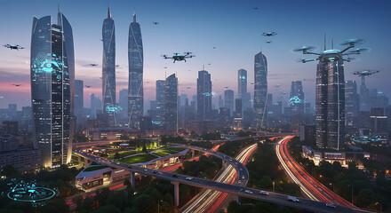Obraz premium A futuristic city skyline with AI-powered drones, autonomous vehicles, and smart infrastructure visual elements, concept illustration
