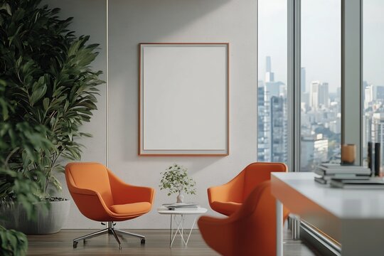 Modern Office Interior with Orange Armchairs and Blank Canvas