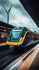 Fototapeta premium High-speed train moving swiftly through a modern train station.