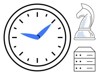 Clock with blue hands, knight chess piece, and server stack representing time, strategy, and data. Ideal for time management, decision-making, strategy, data analysis productivity efficiency flat