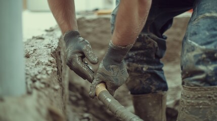 Plumber installing water pipes at a construction site. Featuring detail and expertise