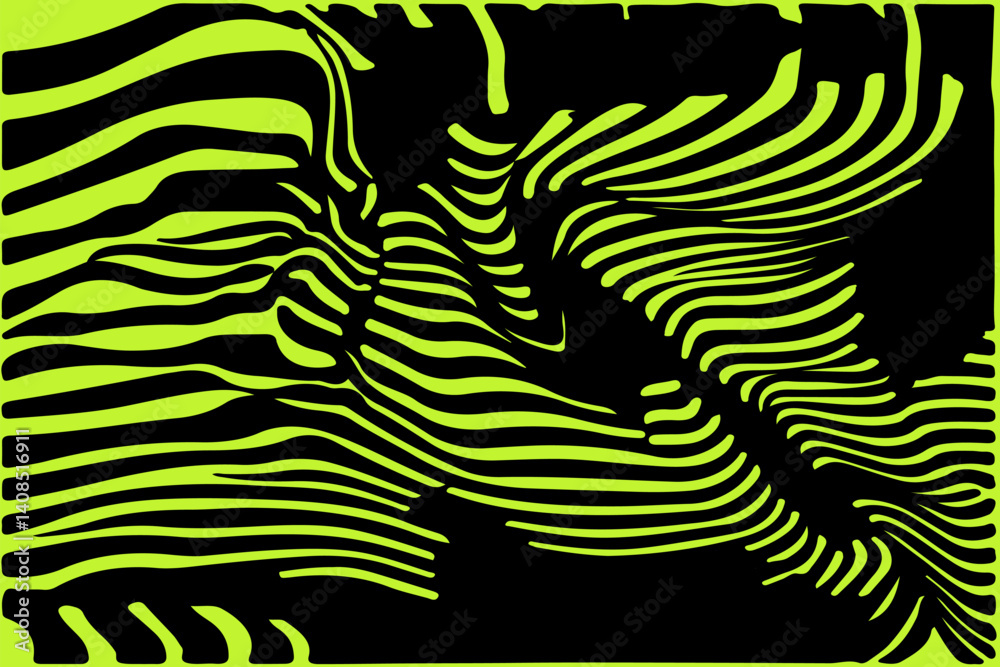 Poster vibrant abstract vector with bold black stripes over colorful neon wavy background. modern zebra-ins