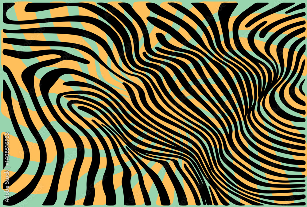 Aufkleber vector illustration features flowing black wavy lines over an orange and teal background, forming an