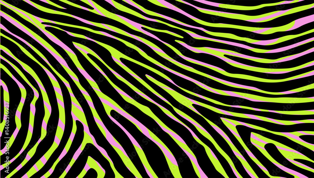 Poster vector illustration features flowing wavy lines in pink and lime green on a black background, creati