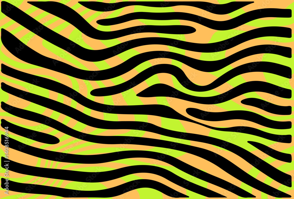 Poster vibrant abstract vector with bold black stripes over colorful neon wavy background. modern zebra-ins