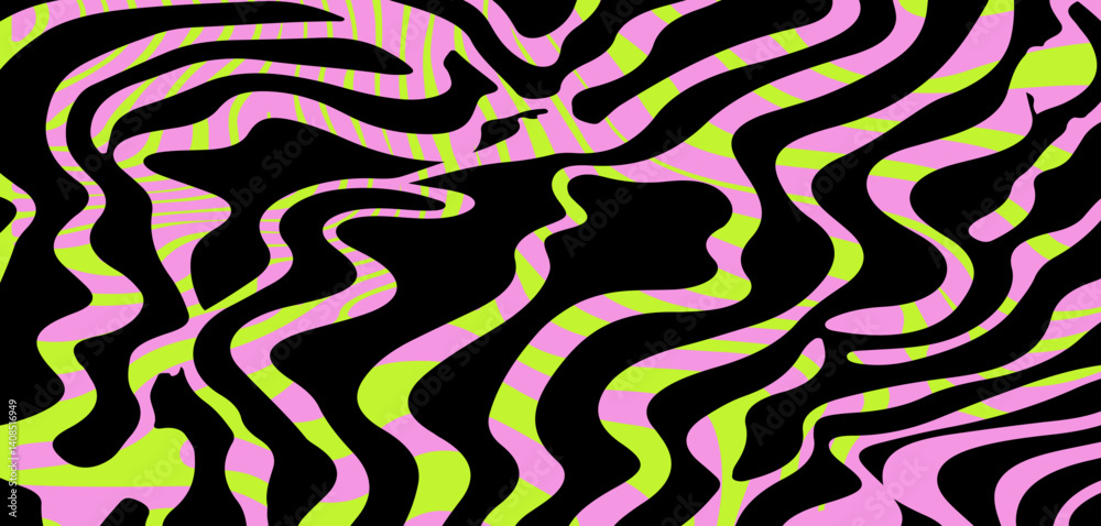 Poster Vector illustration features flowing wavy lines in pink and lime green on a black background, creating an abstract, dynamic, and vibrant pattern with a swirling and optical illusion effect.