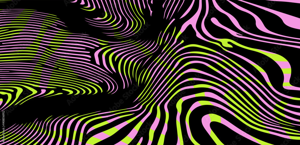 Poster Vector illustration features flowing wavy lines in pink and lime green on a black background, creating an abstract, dynamic, and vibrant pattern with a swirling and optical illusion effect.