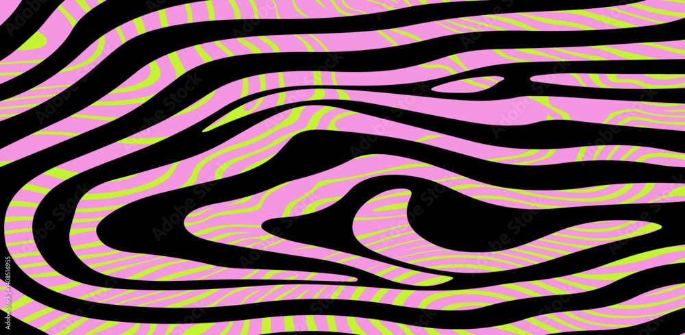 Aufkleber vector illustration features flowing wavy lines in pink and lime green on a black background, creati